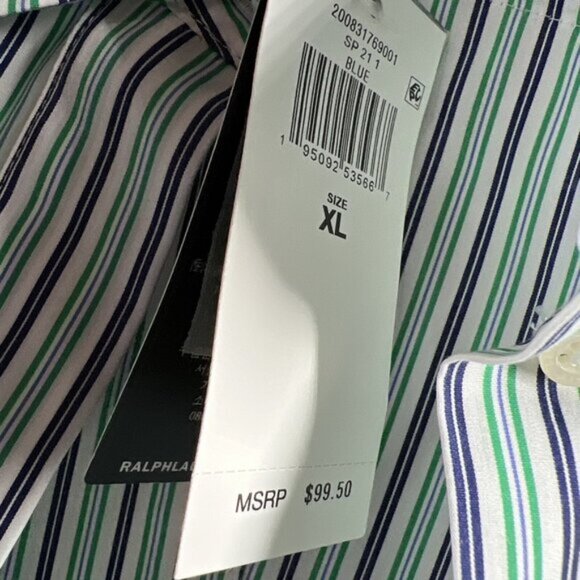 Lauren Ralph Lauren Women Blouse XL Bllue  Green Stripe Long Sleeve Tie Front - Picture 6 of 15